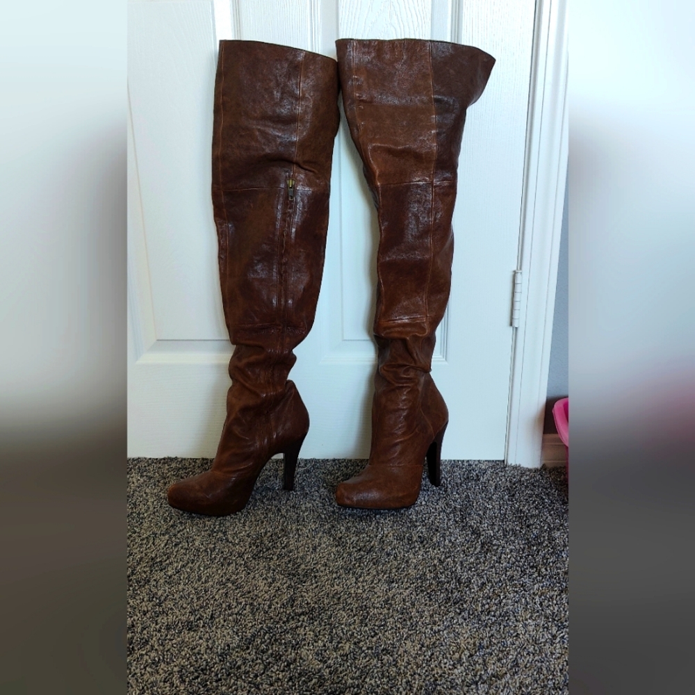 New Report Signature brown leather thigh high boots, 5" heel size 9